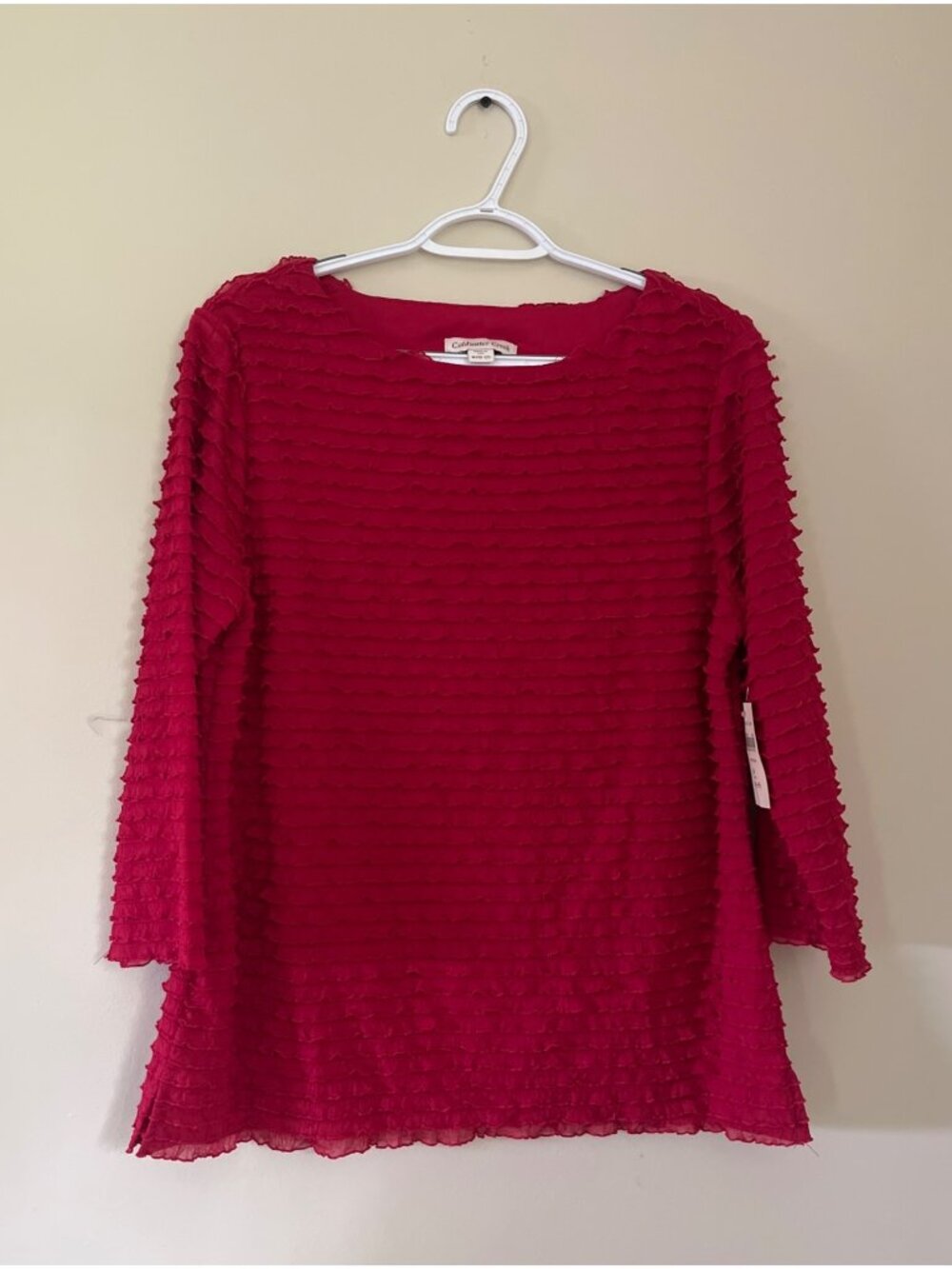NWT Coldwater Creek Womens Medium Red Tiered Ruffle 3/4 Sleeve Blouse Top Shirt